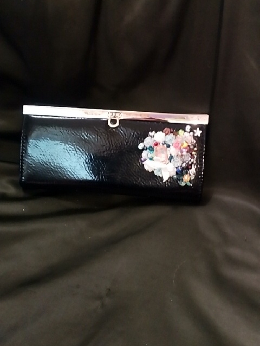 Hand Crafted Black Patent Clutch Wallet with Multicolor Bead Cluster